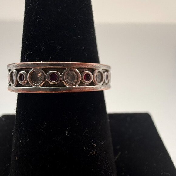 VTG 925 Sterling Silver Dainty Band Red & Clear CZ Circle Pattern Women’s Ring - Picture 4 of 7
